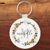 Aangepaste Floral Monogram Golden Herfst Sleutelhanger (Voorkant)