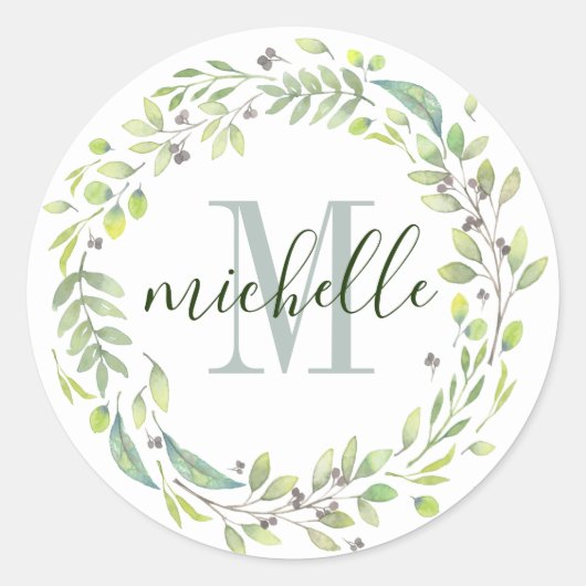 Aangepaste Floral Monogram Soft Summer Foliage Ronde Sticker (Voorkant)