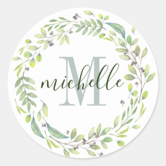 Aangepaste Floral Monogram Soft Summer Foliage Ronde Sticker