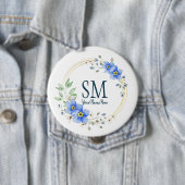 Aangepaste Floral Monogram Wilde Blauwe Bloemen Ronde Button 4,0 Cm (In situ)