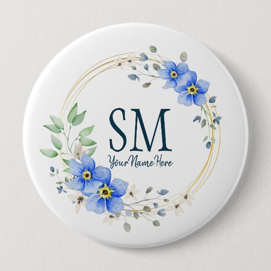 Aangepaste Floral Monogram Wilde Blauwe Bloemen Ronde Button 4,0 Cm (Voorkant)