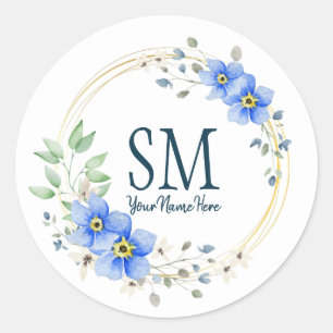 Aangepaste Floral Monogram Wilde Blauwe Bloemen Ronde Sticker