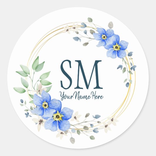 Aangepaste Floral Monogram Wilde Blauwe Bloemen Ronde Sticker (Voorkant)
