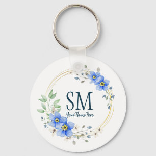 Aangepaste Floral Monogram Wilde Blauwe Bloemen Sleutelhanger