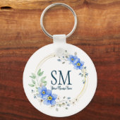 Aangepaste Floral Monogram Wilde Blauwe Bloemen Sleutelhanger (Voorkant)