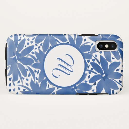 Aangepaste Floral Monogrammed Blue Waterverf Case-Mate iPhone Case (Achterkant (horizontaal))