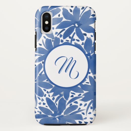 Aangepaste Floral Monogrammed Blue Waterverf Case-Mate iPhone Case (Achterkant)
