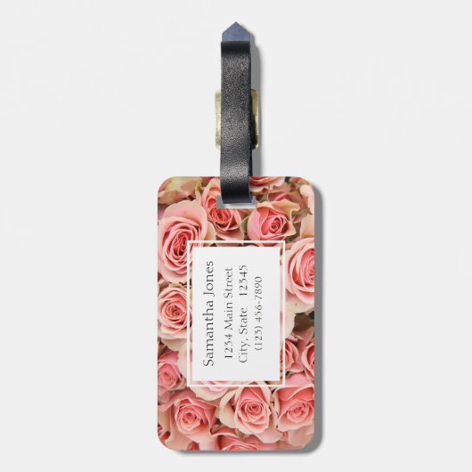 Aangepaste Floral, roze rozen (monogram en ID) Bagagelabel (Achterkant verticaal)