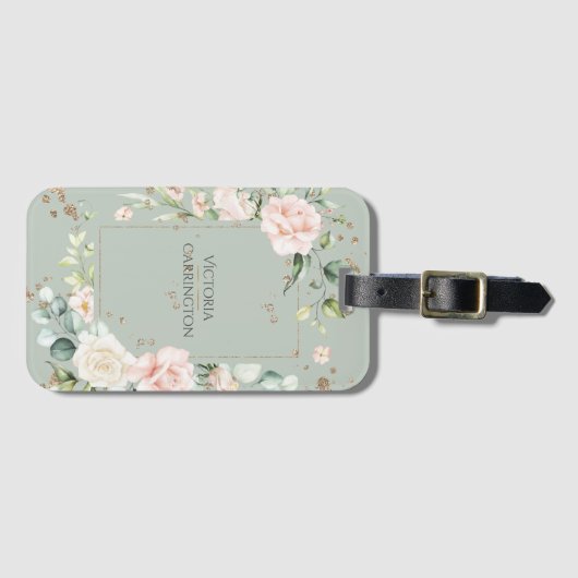 Aangepaste Floral Sage Green Waterverf Gold Bagagelabel (Voorkant (horizontaal))