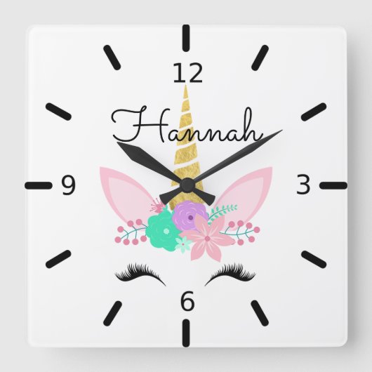 Aangepaste Floral Smiling Unicorn Vierkante Klok (Voorkant)