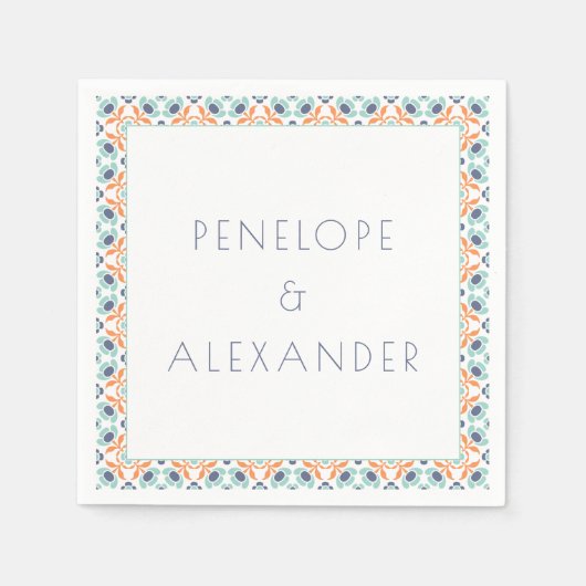 Aangepaste  Floral Tiles Blue Oranje Wedding Servet (Voorkant)
