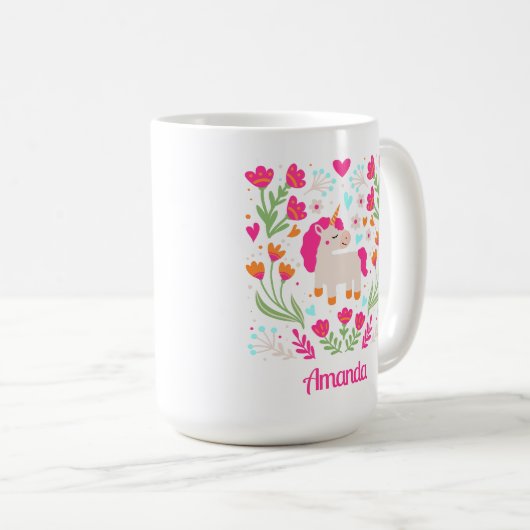 Aangepaste Floral Unicorn Koffiemok (Voorkant rechts)