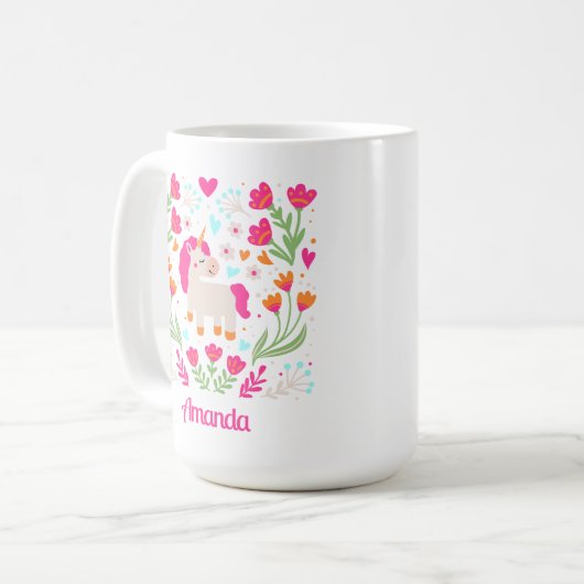 Aangepaste Floral Unicorn Koffiemok (Voorkant links)