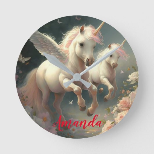 Aangepaste Floral Unicorns vliegen, kleine pony Ronde Klok (Voorkant)