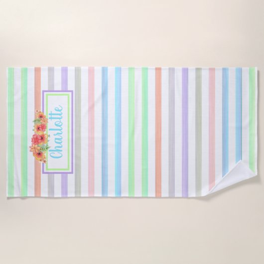 Aangepaste Floral-Waterverf op stripes Art Pattern Strandlaken (Voorkant)