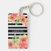 Aangepaste Floral Waterverf zwarte witte strepen Sleutelhanger (achterkant)