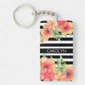Aangepaste Floral Waterverf zwarte witte strepen Sleutelhanger (Voorkant)