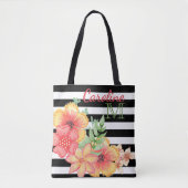 Aangepaste Floral Waterverf zwarte witte strepen Tote Bag (Voorkant)