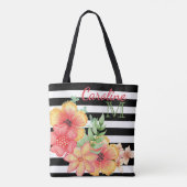 Aangepaste Floral Waterverf zwarte witte strepen Tote Bag (Achterkant)