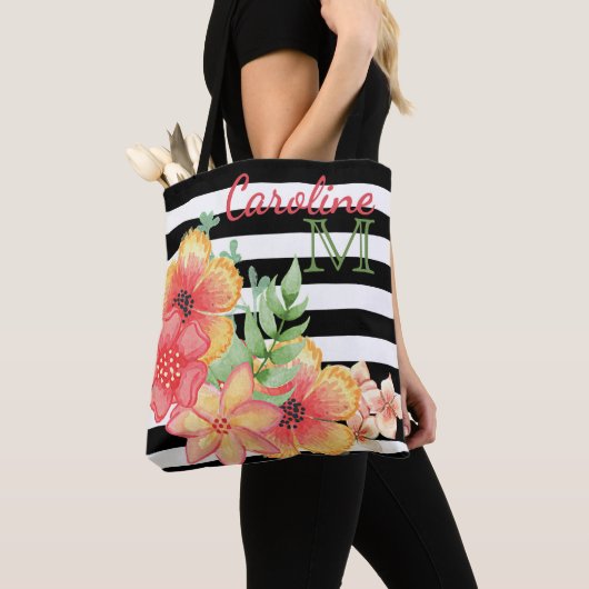 Aangepaste Floral Waterverf zwarte witte strepen Tote Bag (Dichtbij)