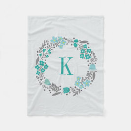 Aangepaste Floral Wreath & Monogram Blauwgroen gri Fleece Deken