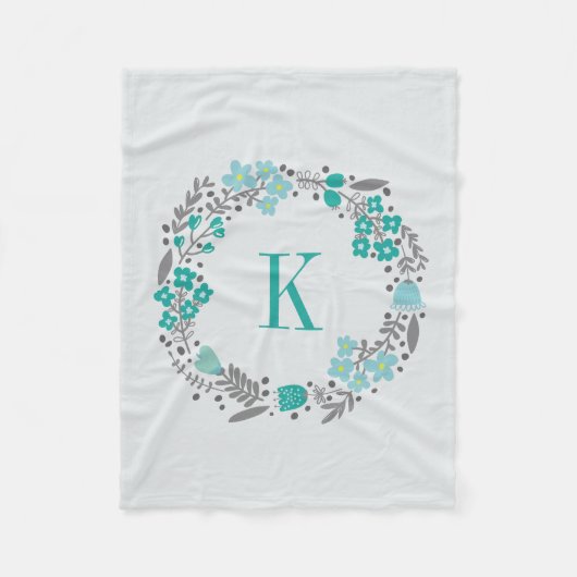 Aangepaste Floral Wreath & Monogram Blauwgroen gri Fleece Deken (Voorkant)