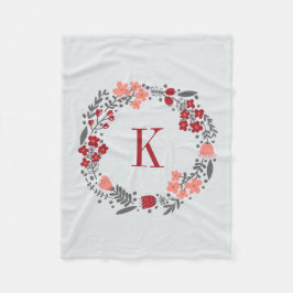 Aangepaste Floral Wreath & Monogram Coral Grey Fleece Deken