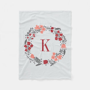 Aangepaste Floral Wreath & Monogram Coral Grey Fleece Deken