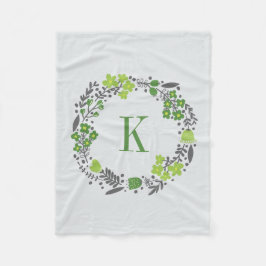 Aangepaste Floral Wreath & Monogram Green Grey Fleece Deken