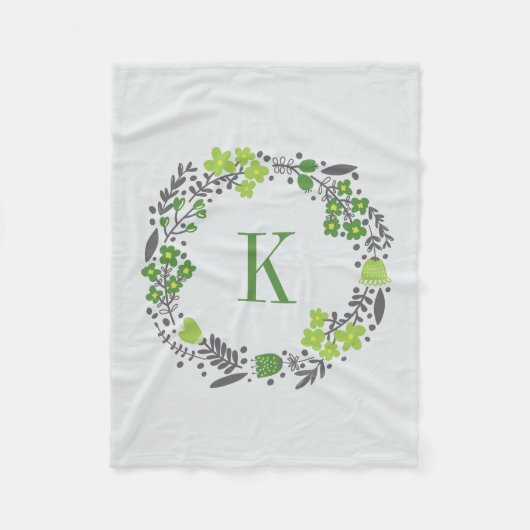 Aangepaste Floral Wreath & Monogram Green Grey Fleece Deken (Voorkant)