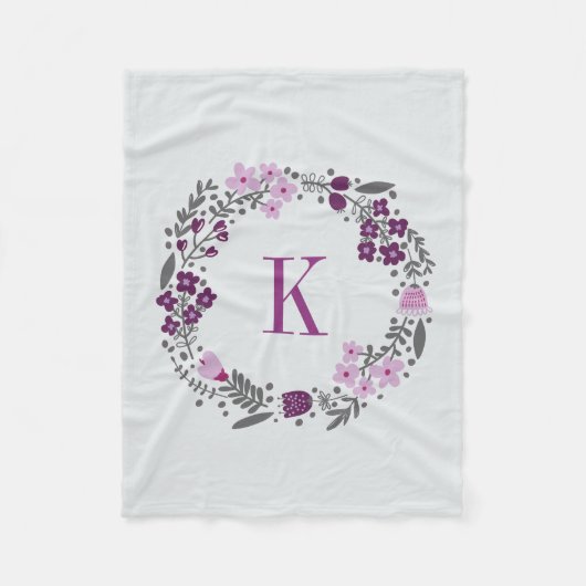 Aangepaste Floral Wreath & Monogram Lila grijs Fleece Deken (Voorkant)