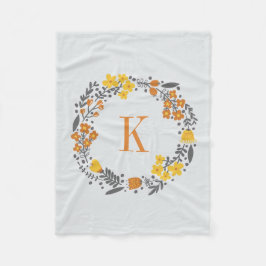 Aangepaste Floral Wreath & Monogram Oranje Grijs Fleece Deken