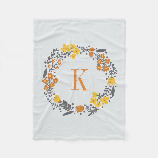 Aangepaste Floral Wreath & Monogram Oranje Grijs Fleece Deken (Voorkant)