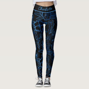 Aangepaste florale naadloze patroon blauw zwart leggings