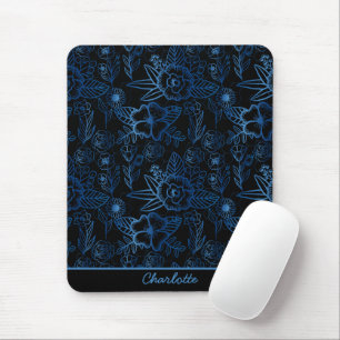 Aangepaste florale naadloze patroon blauw zwart muismat