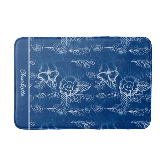 Aangepaste florale naadloze patroon wit - blauw badmat (Voorkant)