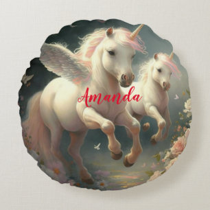 Aangepaste florale Unicorns, met weinig pony Rond Kussen