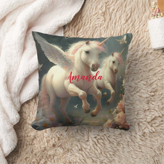 Aangepaste florale Unicorns, vliegend klein pony Kussen (Deken)