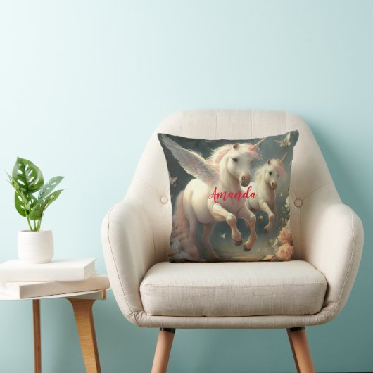 Aangepaste florale Unicorns, vliegend klein pony Kussen (Stoel)