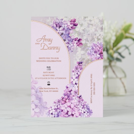 Aangepaste Folie Waterverf Bloemen Lila bruiloft Folie Uitnodiging (Staand Voorkant)