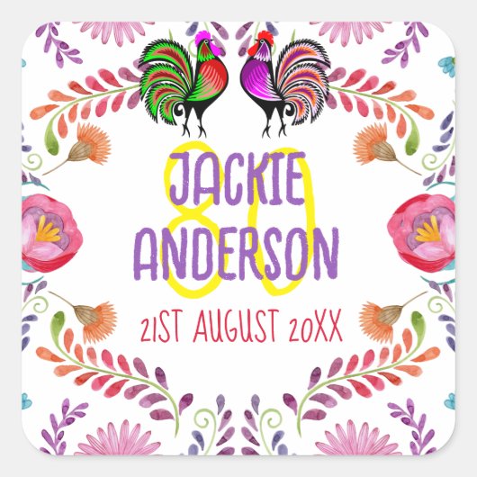 Aangepaste Folk Bloemen Feest voor 80ste verjaarda Vierkante Sticker (Voorkant)