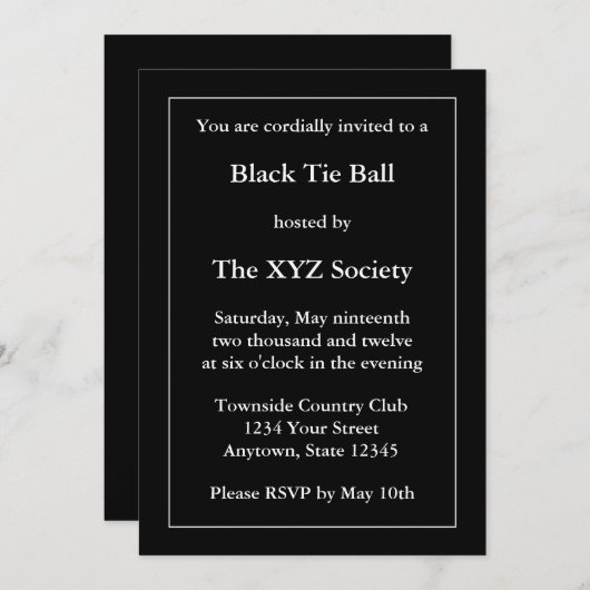 Aangepaste formele zwarte uitnodiging of aankondig (Voorkant / Achterkant)