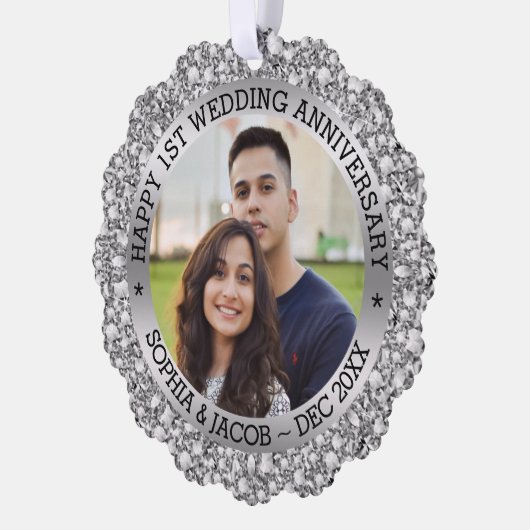 Aangepaste foto 1e Jubileum bruiloft Jubileum Ornament Kaart (Links)