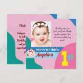 Aangepaste foto 1e verjaardag flat bedankt kaart (Voorkant / Achterkant)