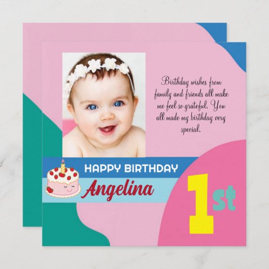 Aangepaste foto 1e verjaardag flat bedankt kaart (Voorkant / Achterkant)