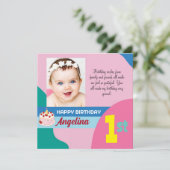 Aangepaste foto 1e verjaardag flat bedankt kaart (Staand voorkant)