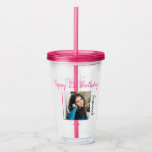 Aangepaste foto 21st Happy Birthday Party-Sjabloon Acryl Drinkbeker<br><div class="desc">Pas de roze feesttekst aan met uw juiste bericht. Vervang de placeholder foto met uw foto. Vul de gebieden van de sjabloon in,  verwijder tekst of de klik past aan om een doopvontstijl,  een grootte,  en een kleur te selecteren u verkiest.</div>