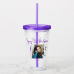 Aangepaste foto 21st Happy Birthday Party-Sjabloon Acryl Drinkbeker<br><div class="desc">Pas de paarse feesttekst bij elk gewenst bericht aan. Vervang de placeholder foto met uw foto. Vul de gebieden van de sjabloon in,  verwijder tekst of de klik past aan om een doopvontstijl,  een grootte,  en een kleur te selecteren u verkiest.</div>