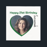 Aangepaste foto 21st Happy Birthday Party-Sjabloon Servet<br><div class="desc">Maak elke speciale gelegenheid leuk met een hartvormige foto en bericht op een servet. Vervang de foto van de tijdelijke aanduiding door uw foto. Een vierkante foto met onderwerp gecentreerd werkt het beste. Sjabloon Pas de tekstvelden aan, verwijder tekst of gebruik het gereedschap Ontwerp bewerken om een lettertypestijl, -grootte en...</div>