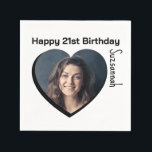 Aangepaste foto 21st Happy Birthday Party-Sjabloon Servet<br><div class="desc">Maak elke speciale gelegenheid leuk met een hartvormige foto en bericht op een servet. Vervang de foto van de tijdelijke aanduiding door uw foto. Een vierkante foto met onderwerp gecentreerd werkt het beste. Sjabloon Pas de tekstvelden aan, verwijder tekst of gebruik het gereedschap Ontwerp bewerken om een lettertypestijl, -grootte en...</div>